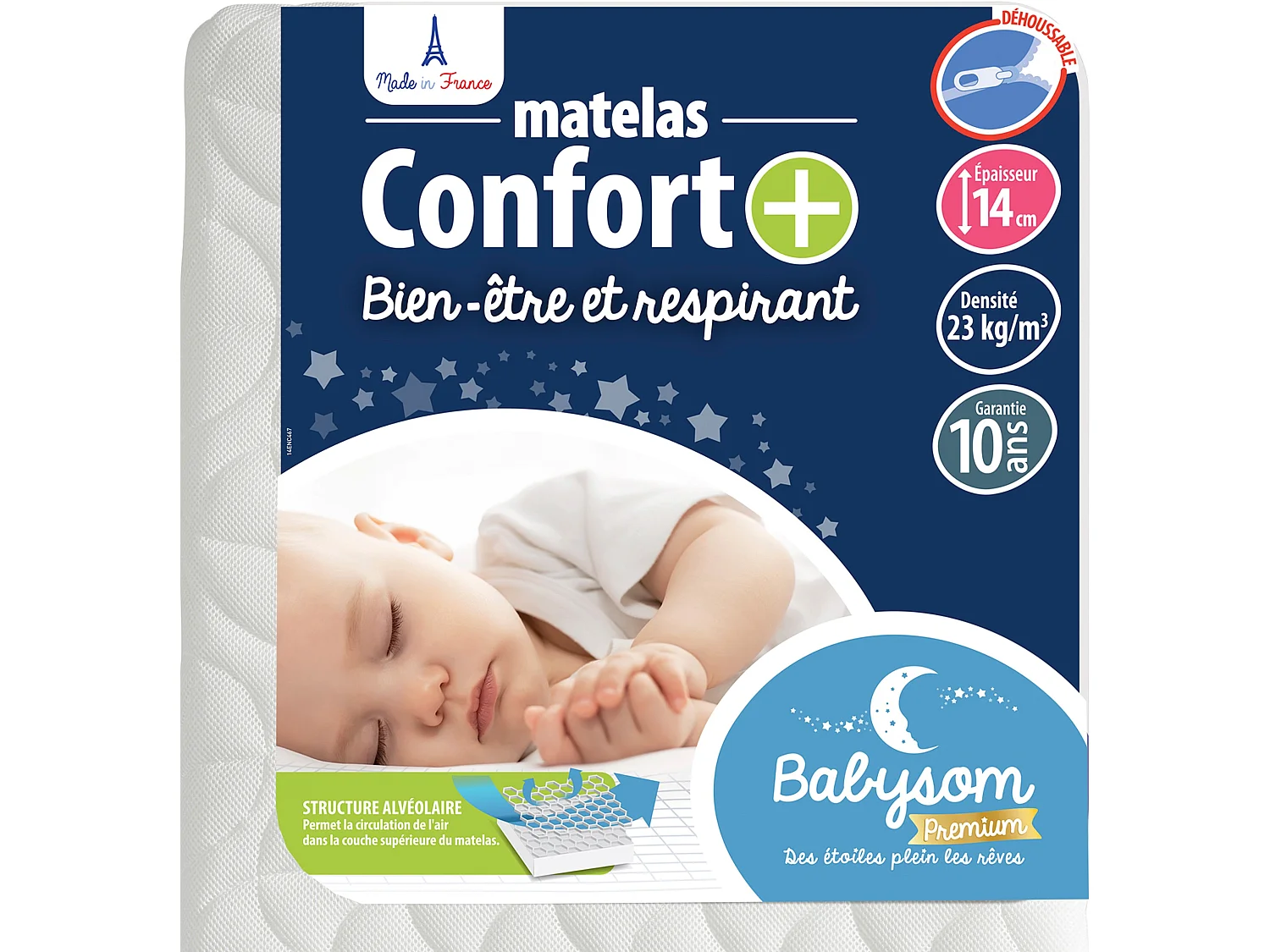 Matelas Enfant/Bébé Confort+ 70x140x14 cm | Circulation Parfaite de l'air | Confort | Déhoussable