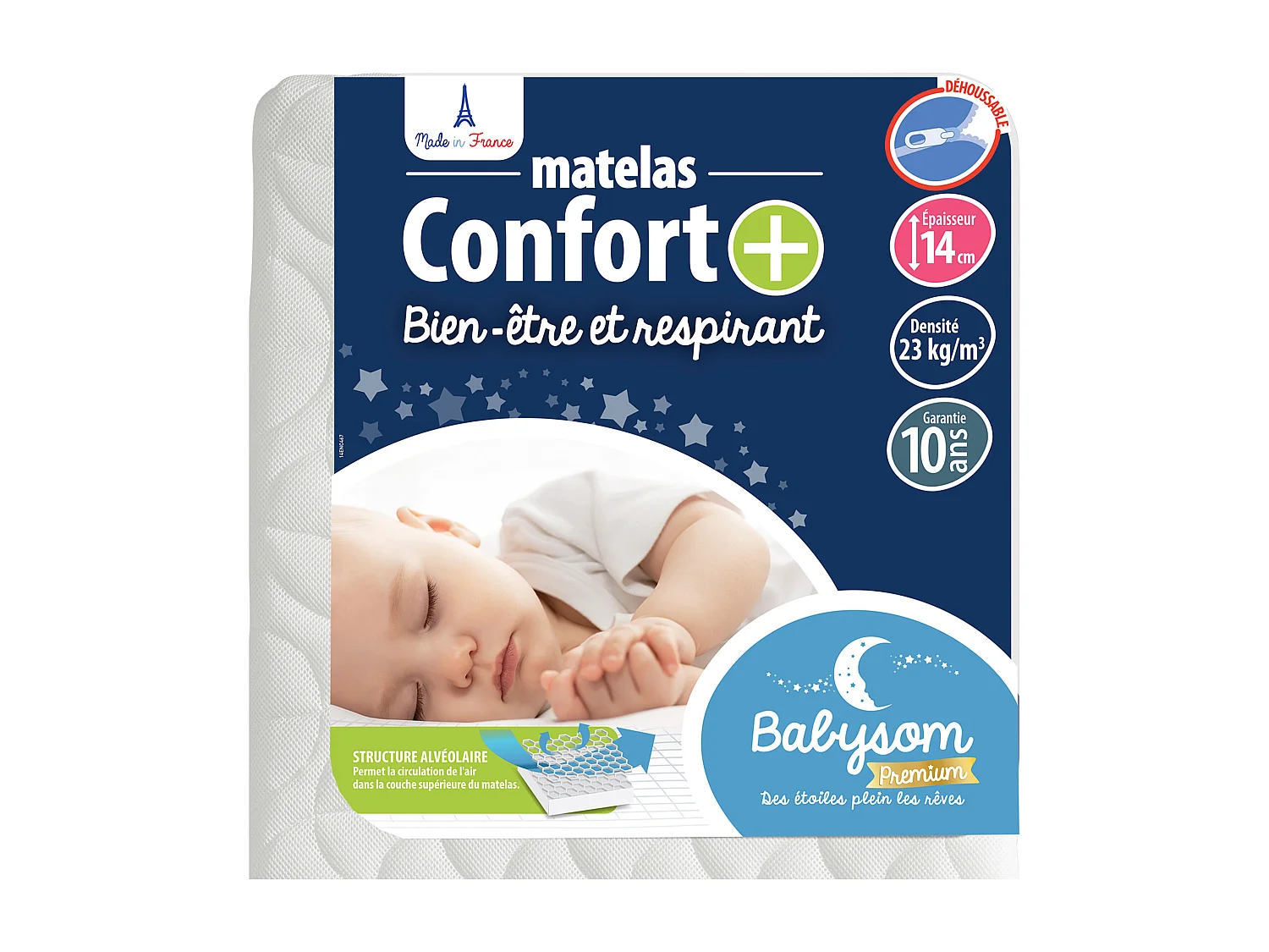 Matelas Bébé Confort+ 60x120x14 cm | Circulation Parfaite de l'air | Confort | Déhoussable