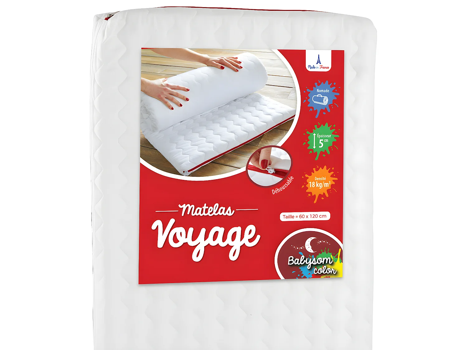Matelas de Voyage pour Bébé - 60x120x5 cm | Roulé | Microfibre Ouatinée | Déhoussable
