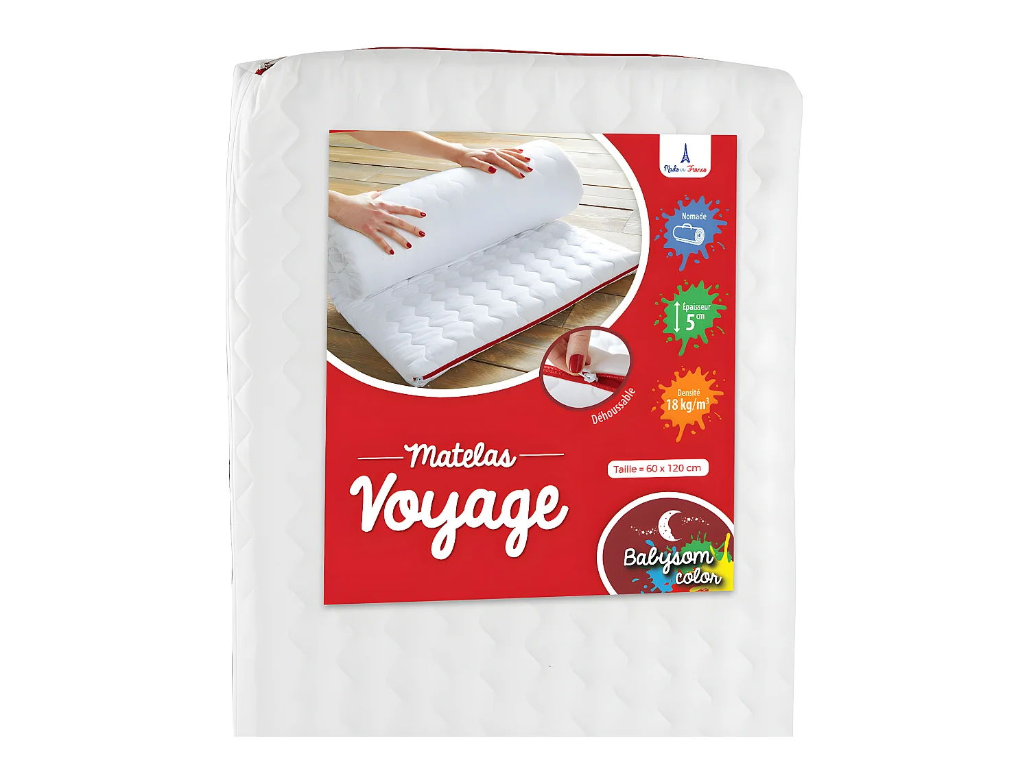 Matelas de Voyage pour Bébé - 60x120x5 cm | Roulé | Microfibre Ouatinée | Déhoussable