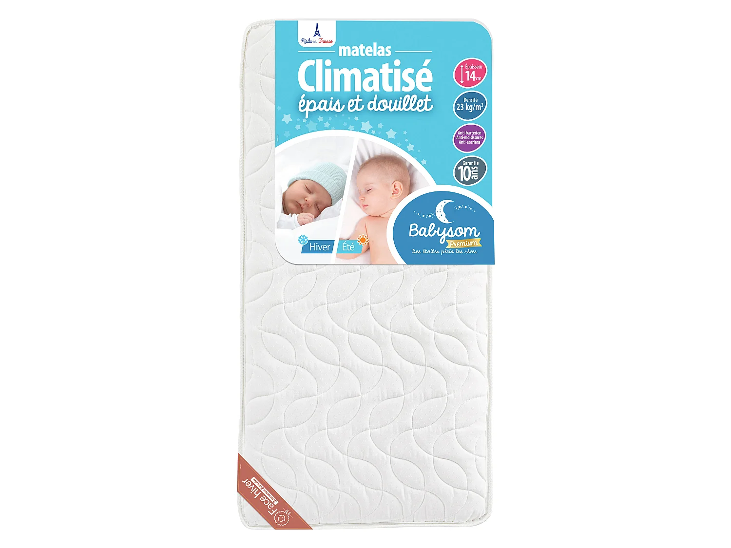 Matelas pour bébé réversible climatisé - 60x120x14 cm | Anti-acarien | Fabriqué en France