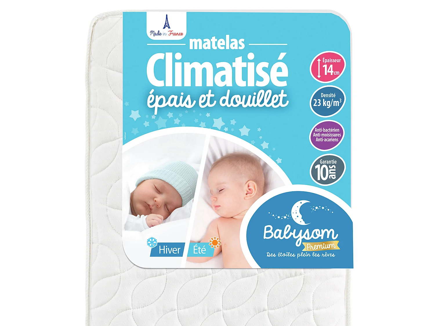 Matelas pour bébé réversible climatisé - 60x120x14 cm | Anti-acarien | Fabriqué en France
