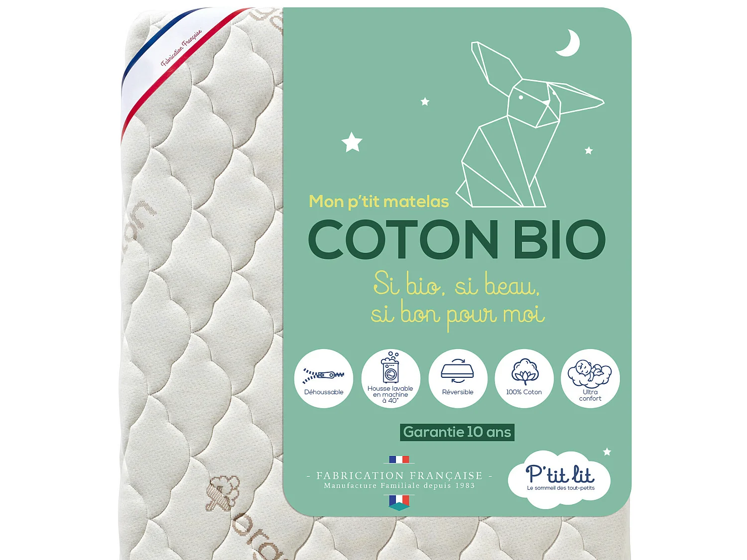 Matelas Bébé/Enfant Coton Bio | 70x140x10 cm | Déhoussable