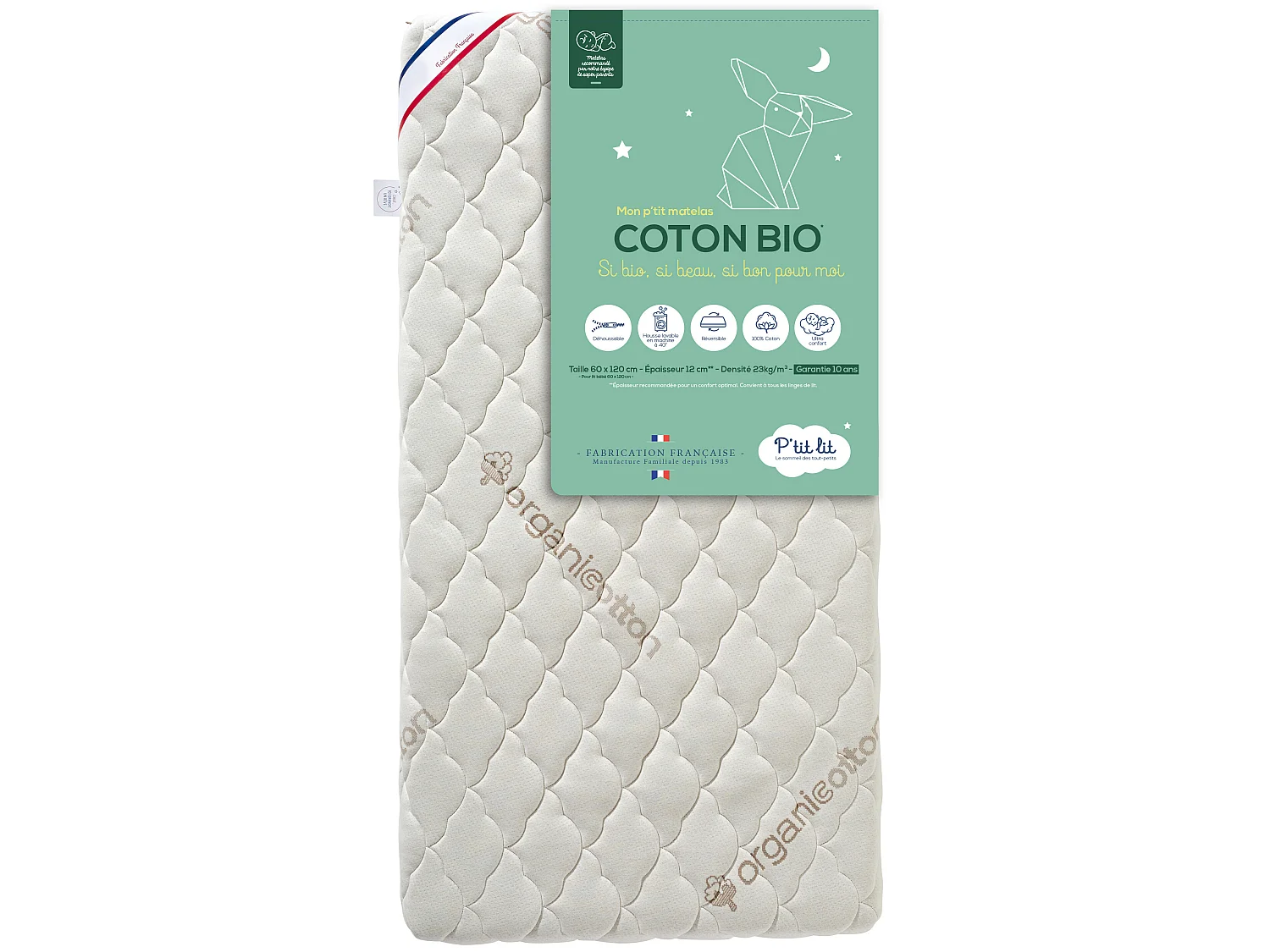 Matelas Bébé/Enfant Coton Bio | 70x140x10 cm | Déhoussable