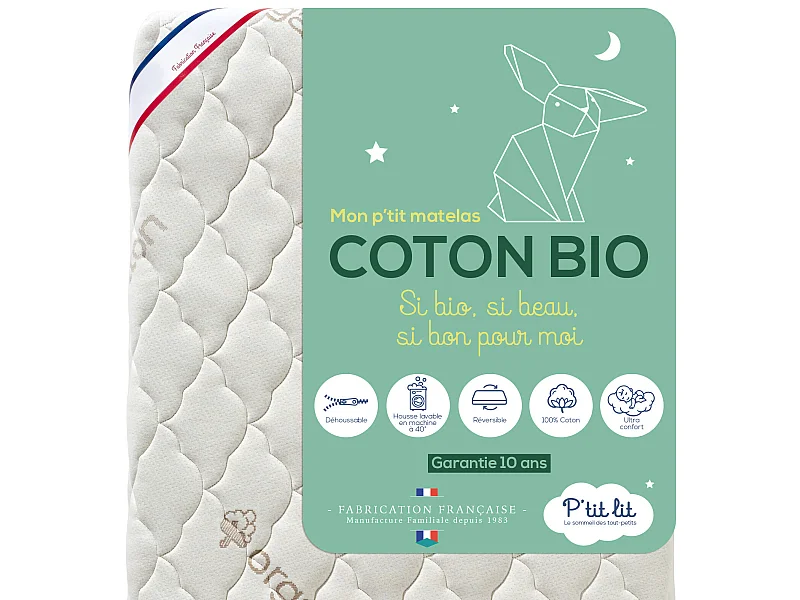 Matelas Bébé/Enfant Coton Bio | 70x140x10 cm | Déhoussable