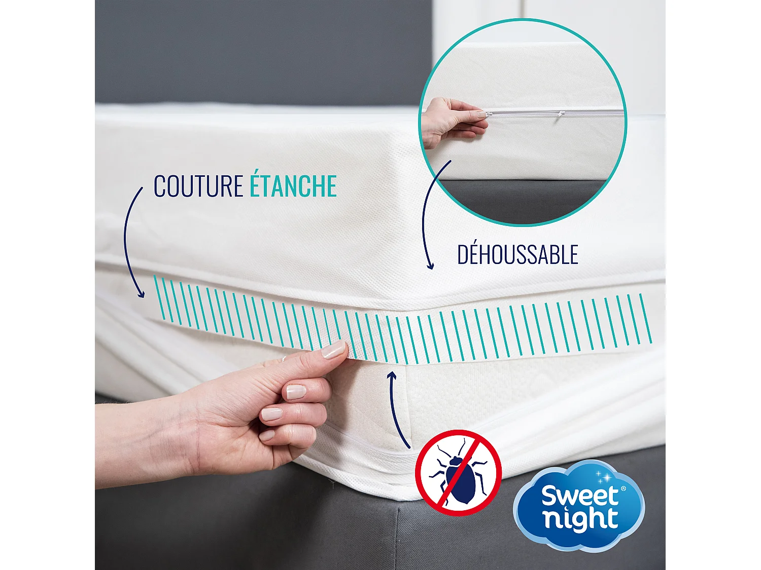 Housse intégrale matelas 90x200x30 cm|Anti-Punaise de lit |Fermeture à glissière | Ep. jusqu'à 30 cm