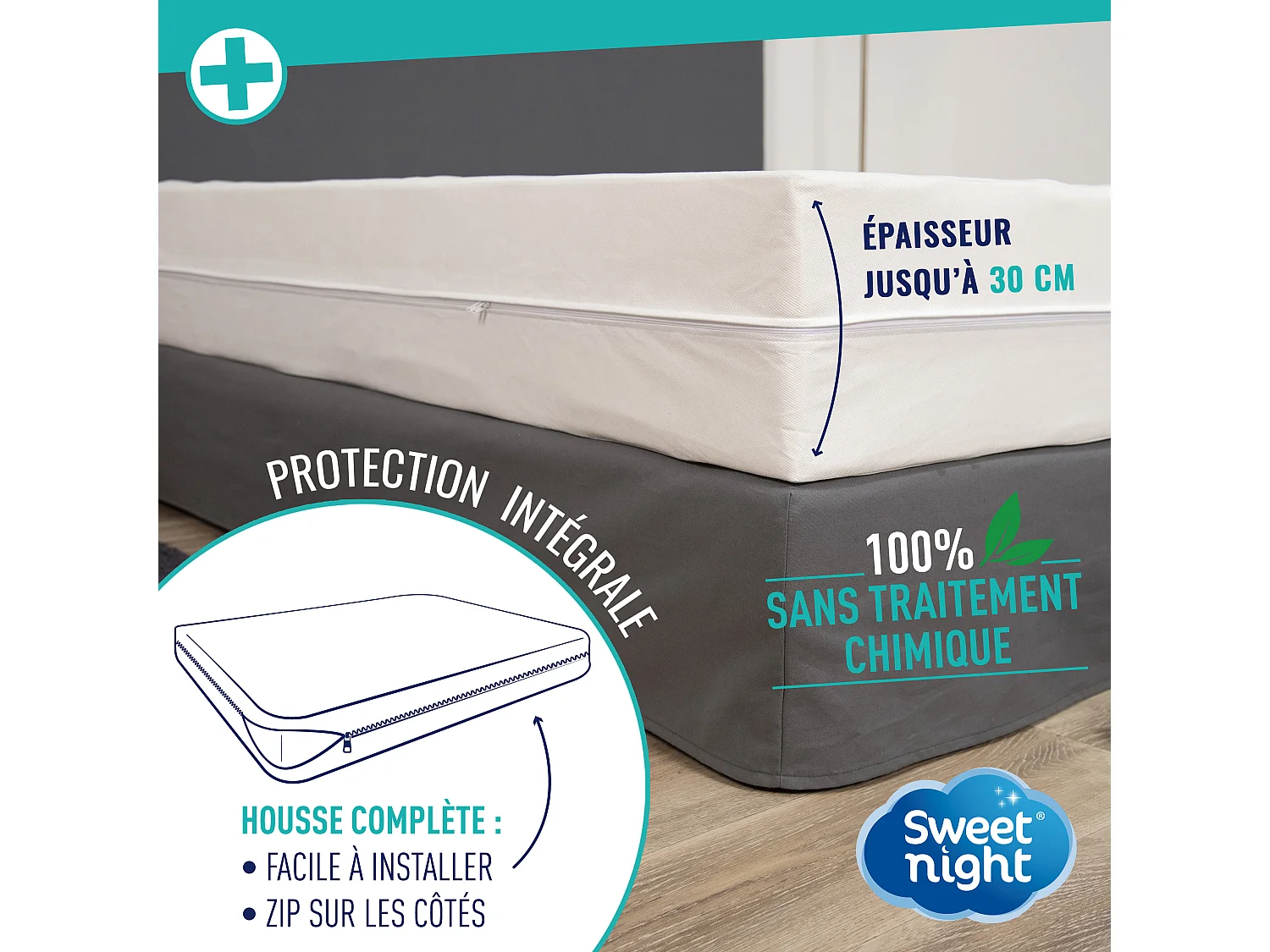 Housse intégrale matelas 90x200x30 cm|Anti-Punaise de lit |Fermeture à glissière | Ep. jusqu'à 30 cm