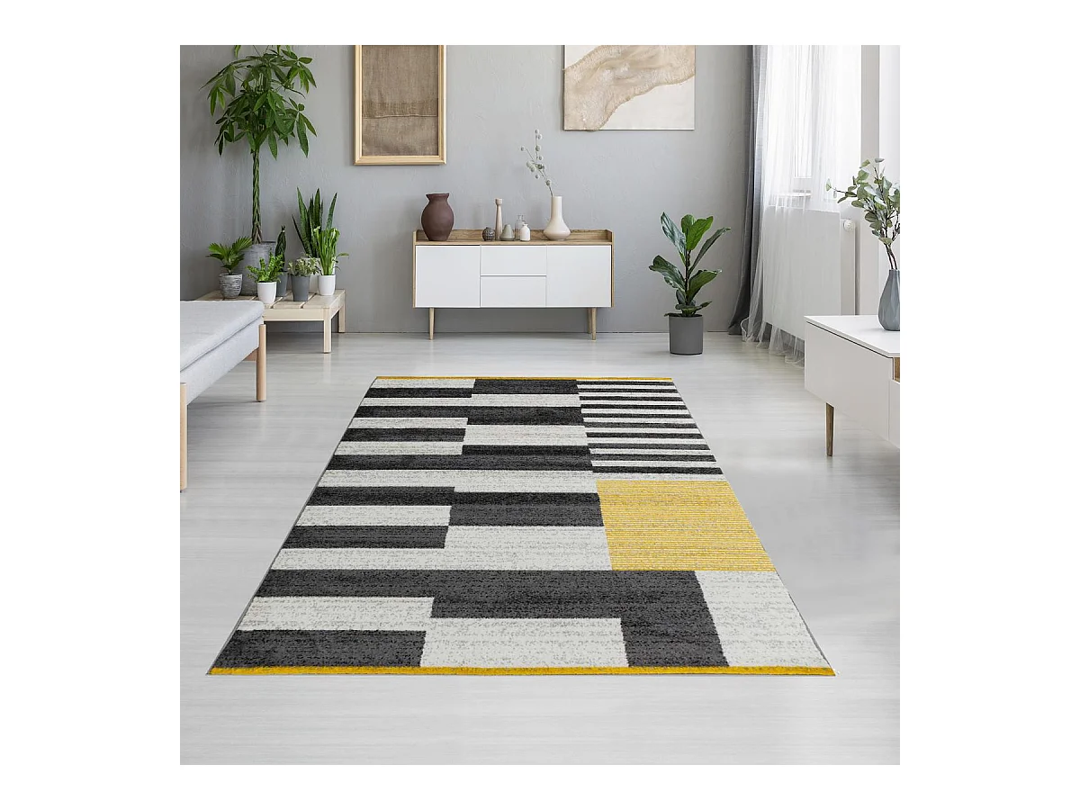 tapis entrée 50x80 tissé jaune et gris rectangle motif géométrique LIGNAL