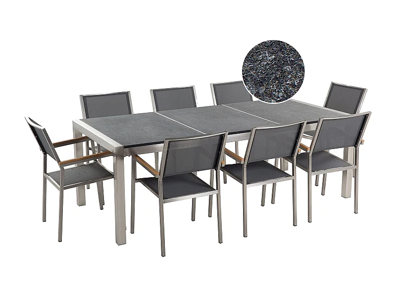 Salle à manger de jardin 8 places GROSSETO Triple plaque Granit Flammé Noir/gris