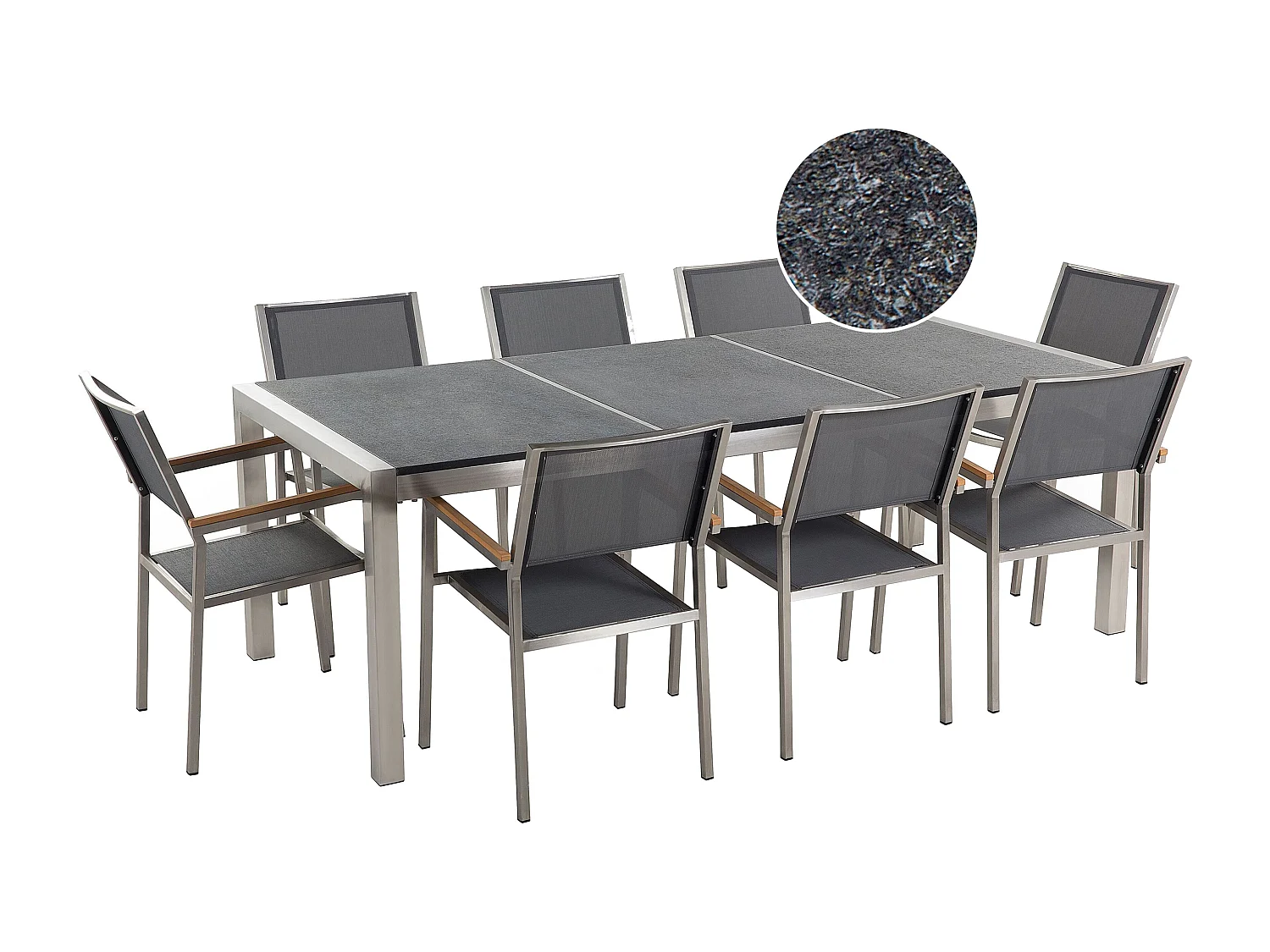 Salle à manger de jardin 8 places GROSSETO Triple plaque Granit Flammé Noir/gris