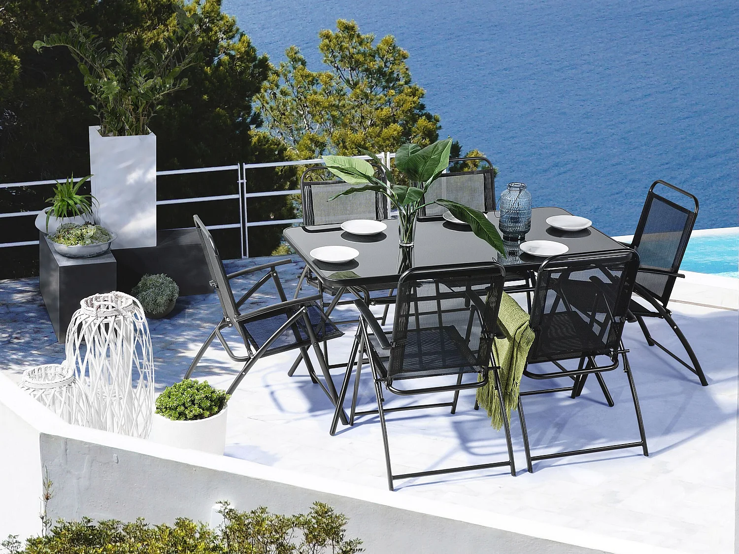 Gartenmöbel Set 7-teilig Stahl schwarz Tisch mit 6 Stühlen Sicherheitsglas Livo