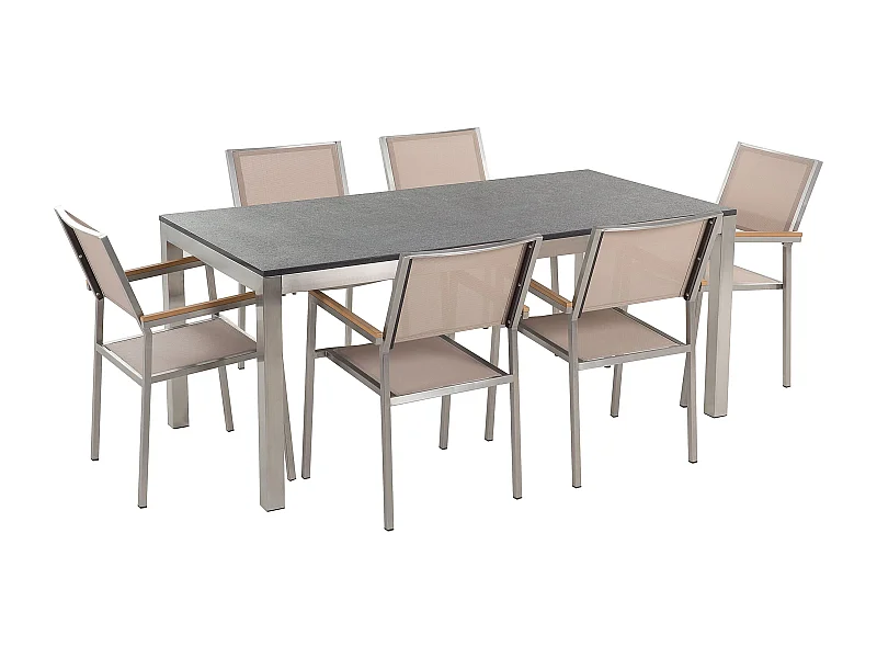 Conjunto de comedor exterior 6 plazas GROSSETO Granito Flameado Negro/Beige