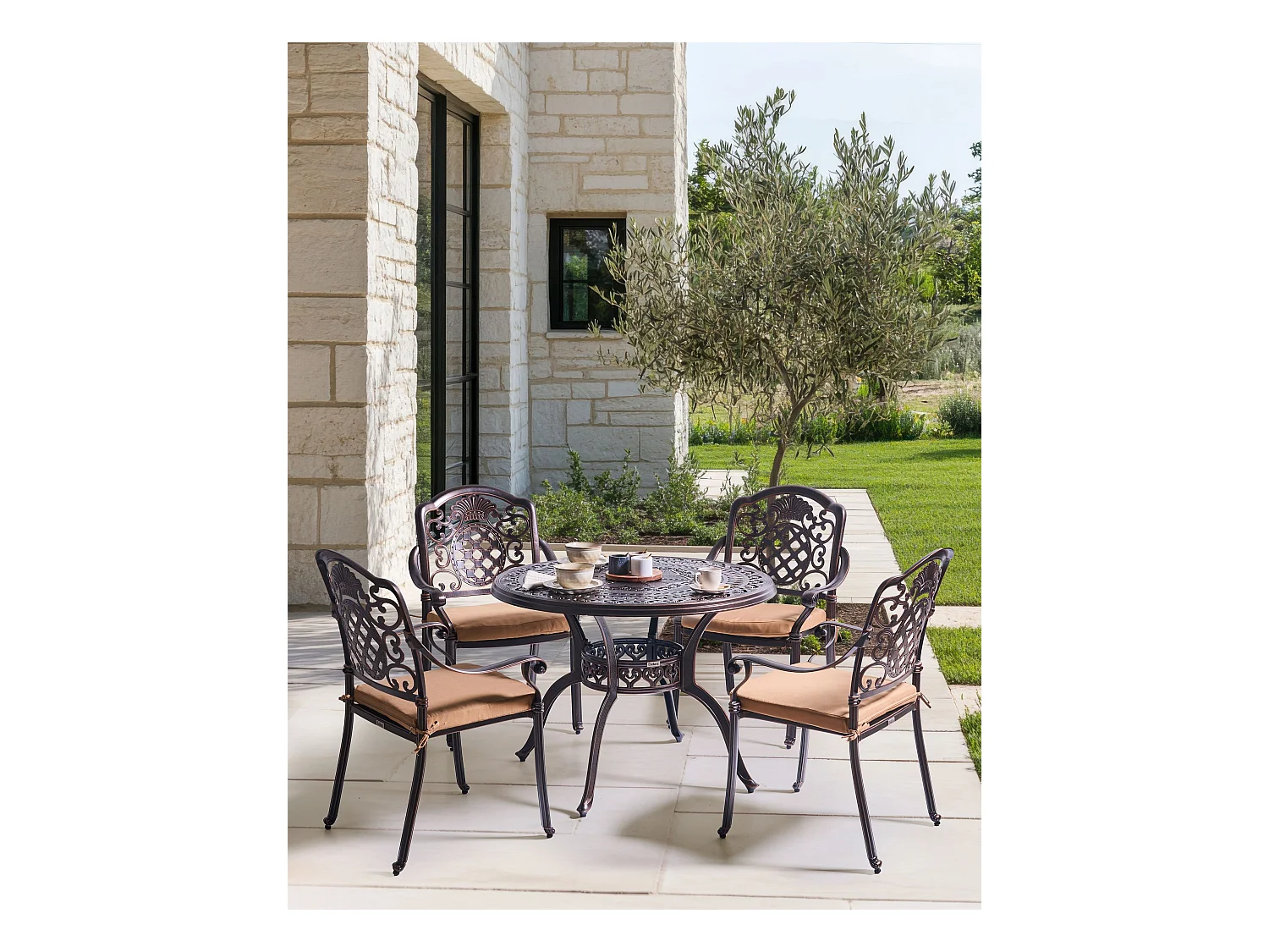 Set da pranzo da giardino 4 posti SALENTO con cuscini Metallo Marrone scuro