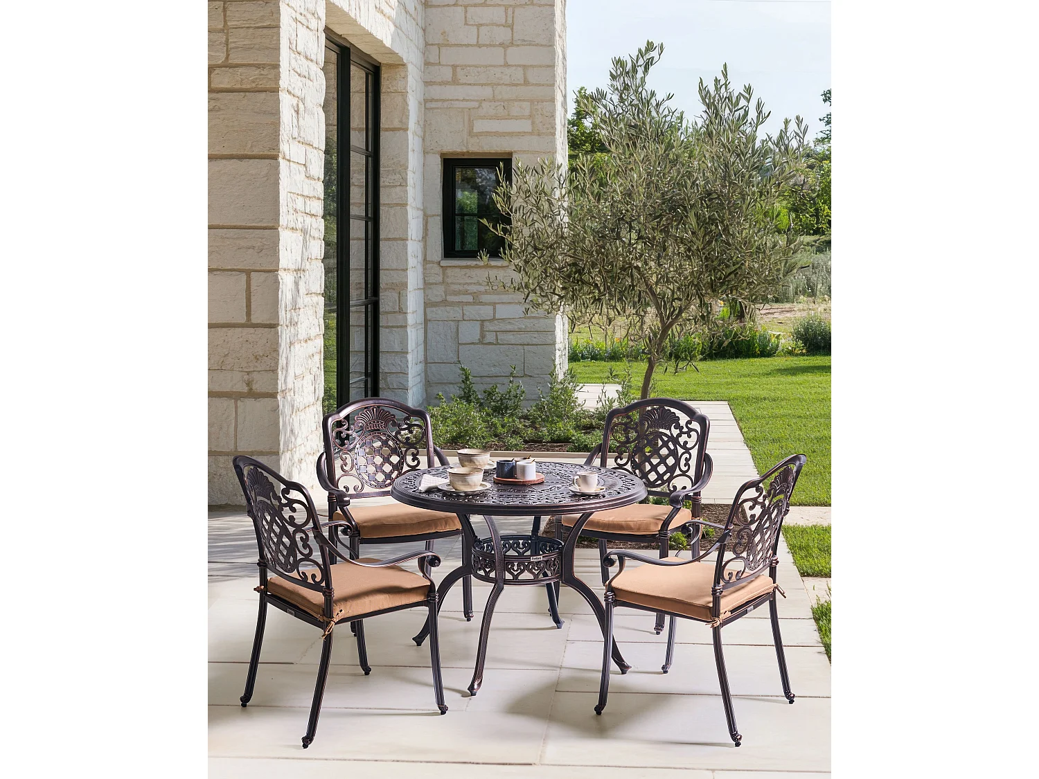 Salle à manger de jardin 4 places SALENTO avec coussins Métal Marron foncé