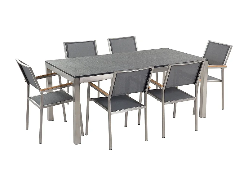 Set da pranzo da giardino 6 posti GROSSETO Granito fiammato Nero/ Grigio