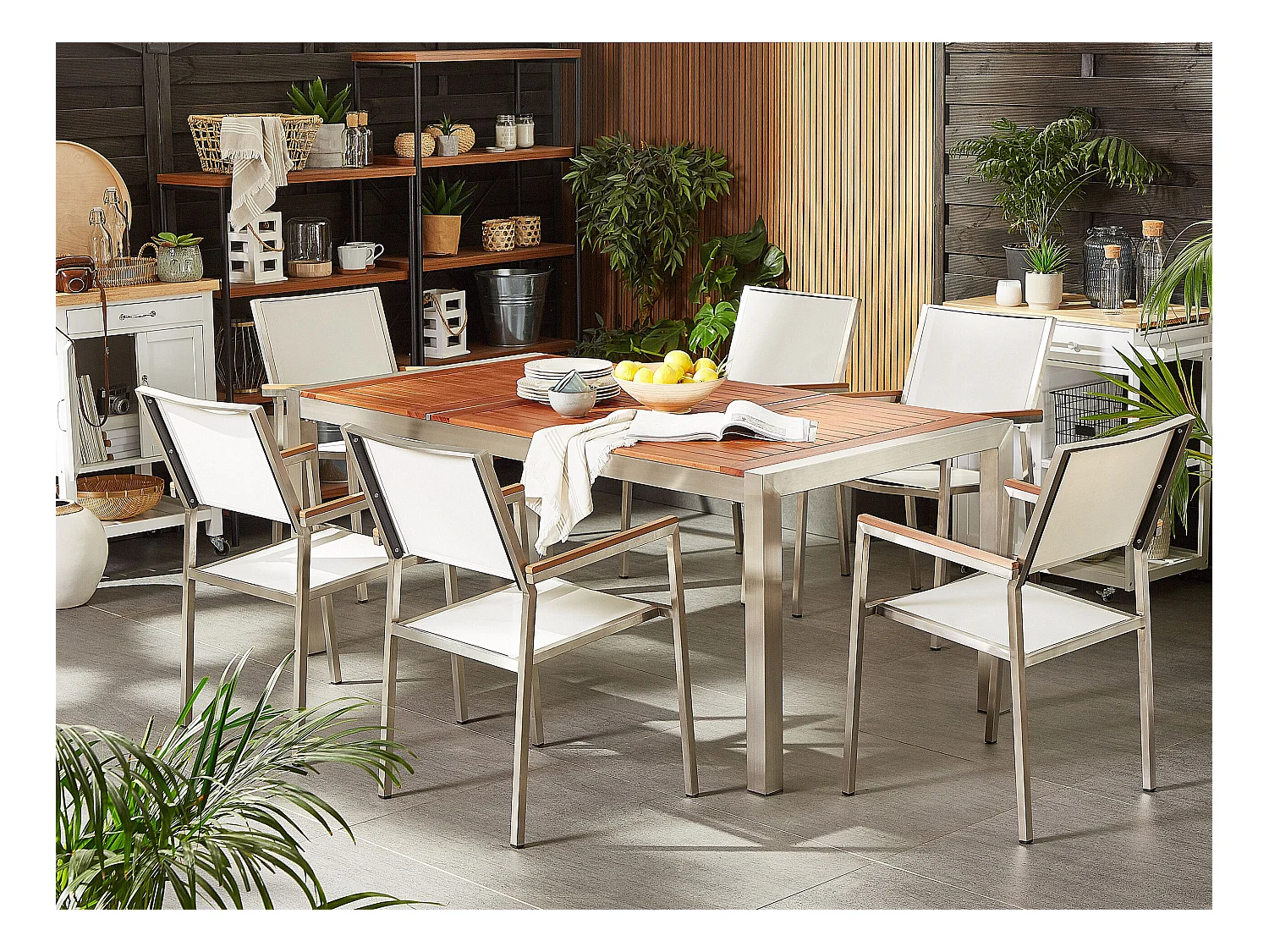 Conjunto de comedor exterior 6 plazas GROSSETO Madera de eucalipto Marrón/Blanco