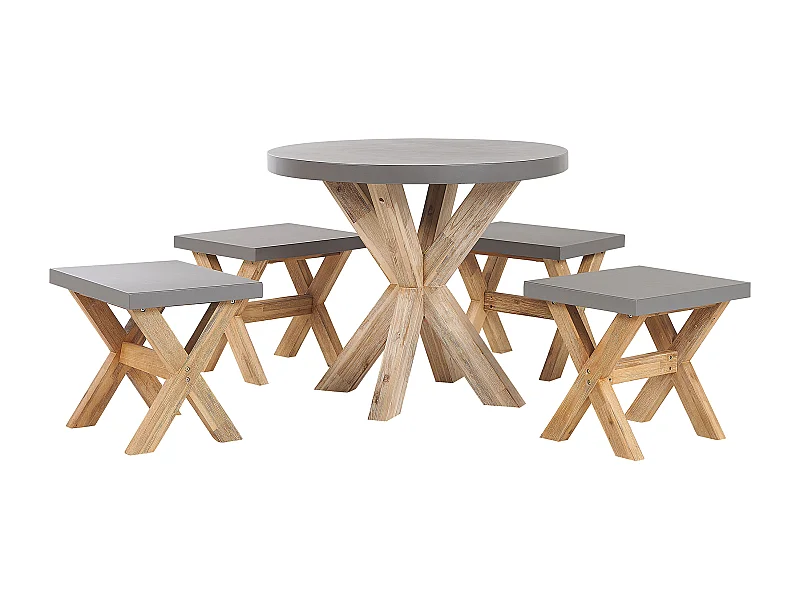 Gartenset Tisch rund 90 cm 4 Hocker Faserzement Akazienholz Rustikal grau Olbia