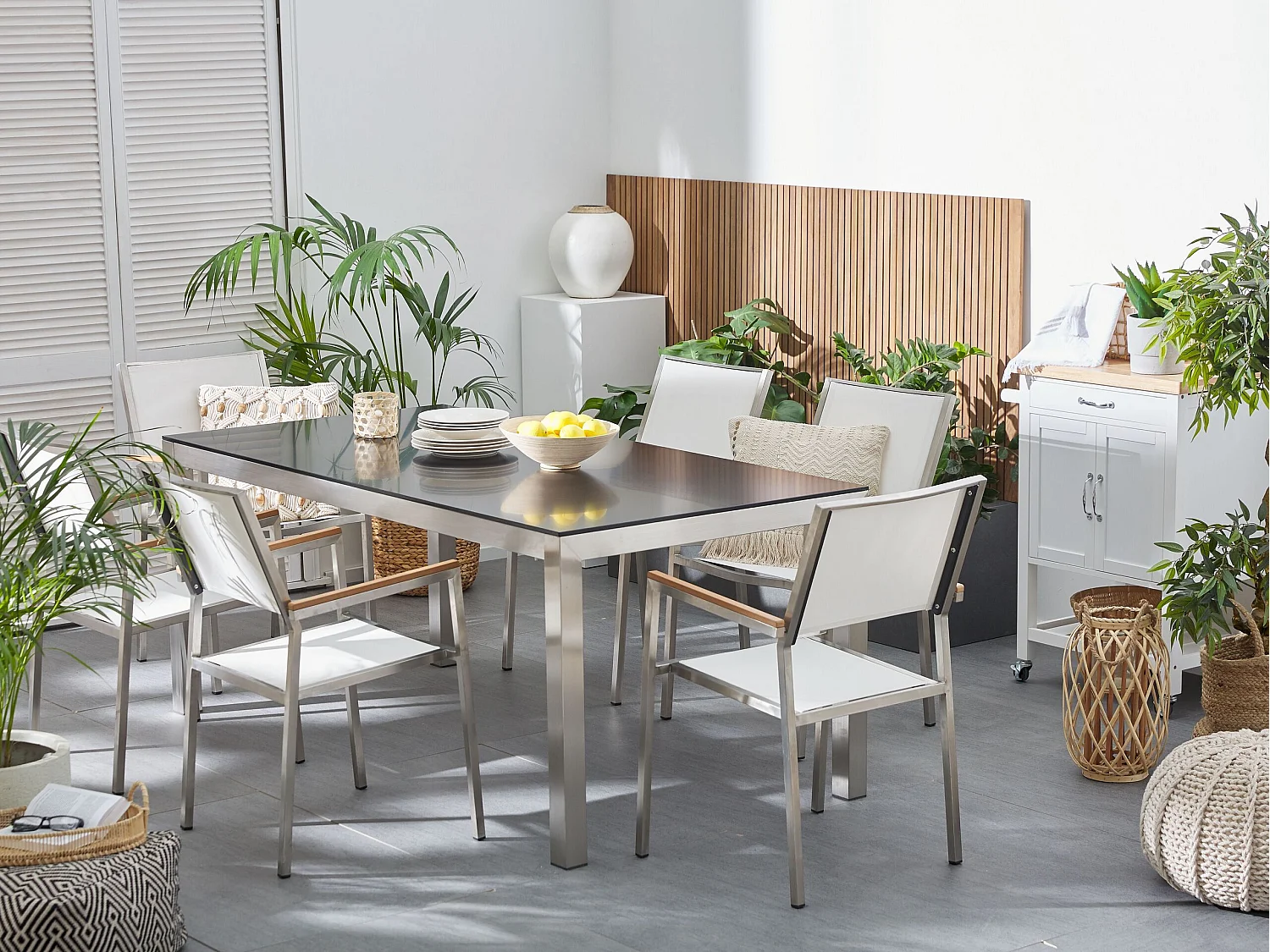 Modernes Gartenset Tisch aus Sicherheitsglas 6 Stühle schwarz/weiß Grosseto