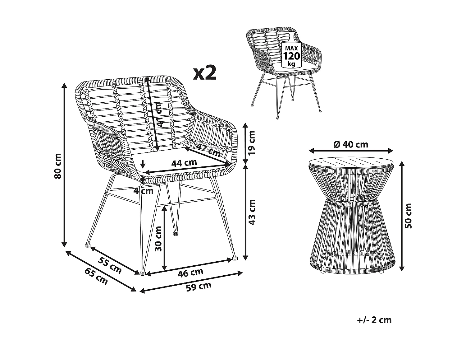 Gemütliches Balkonset Rattan/Stahl 2 Stühle 1 Tisch hellgraue Auflagen Trestina