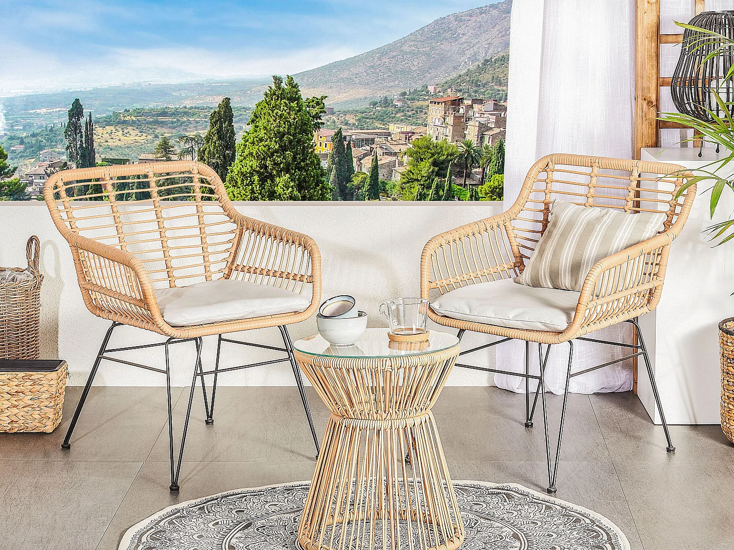Bistro Set with Cushions TRESTINA PE Rattan Light Brown