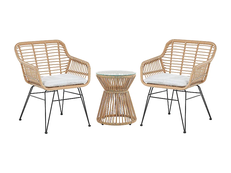 Gemütliches Balkonset Rattan/Stahl 2 Stühle 1 Tisch hellgraue Auflagen Trestina