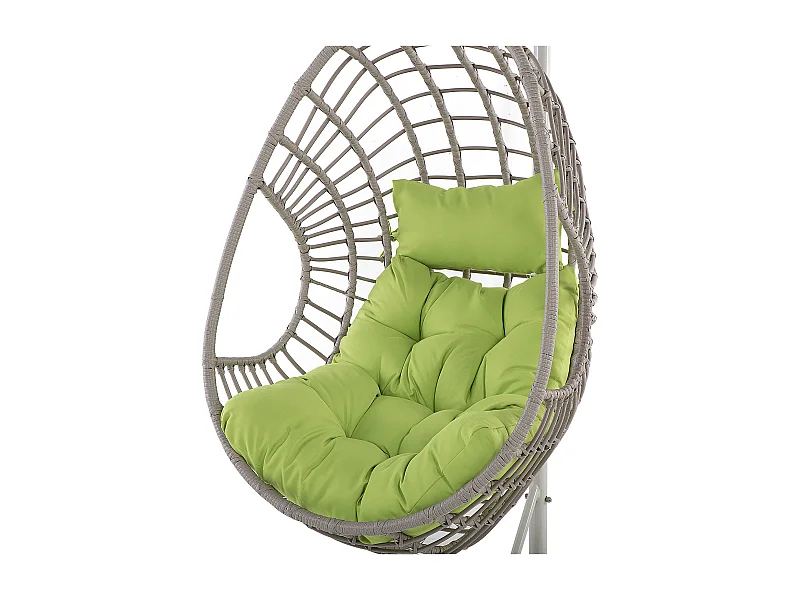 Polyrattan Hängesessel mit Gestell Stahl beige Eiform Kissen grün Boho Arpino