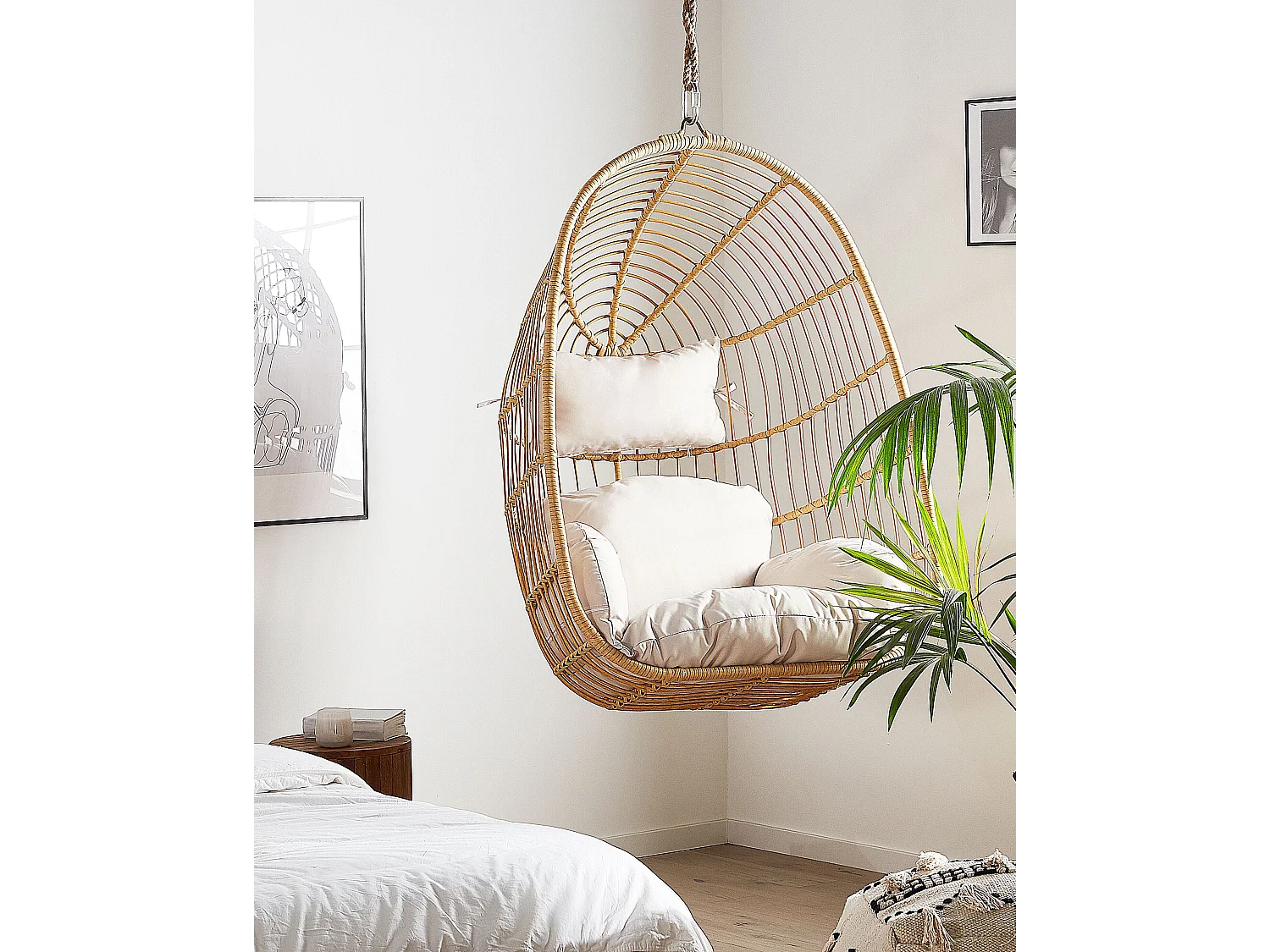 Moderner Hängekorbsessel Rattan ohne Gestell inkl. Kissen Beige Casoli