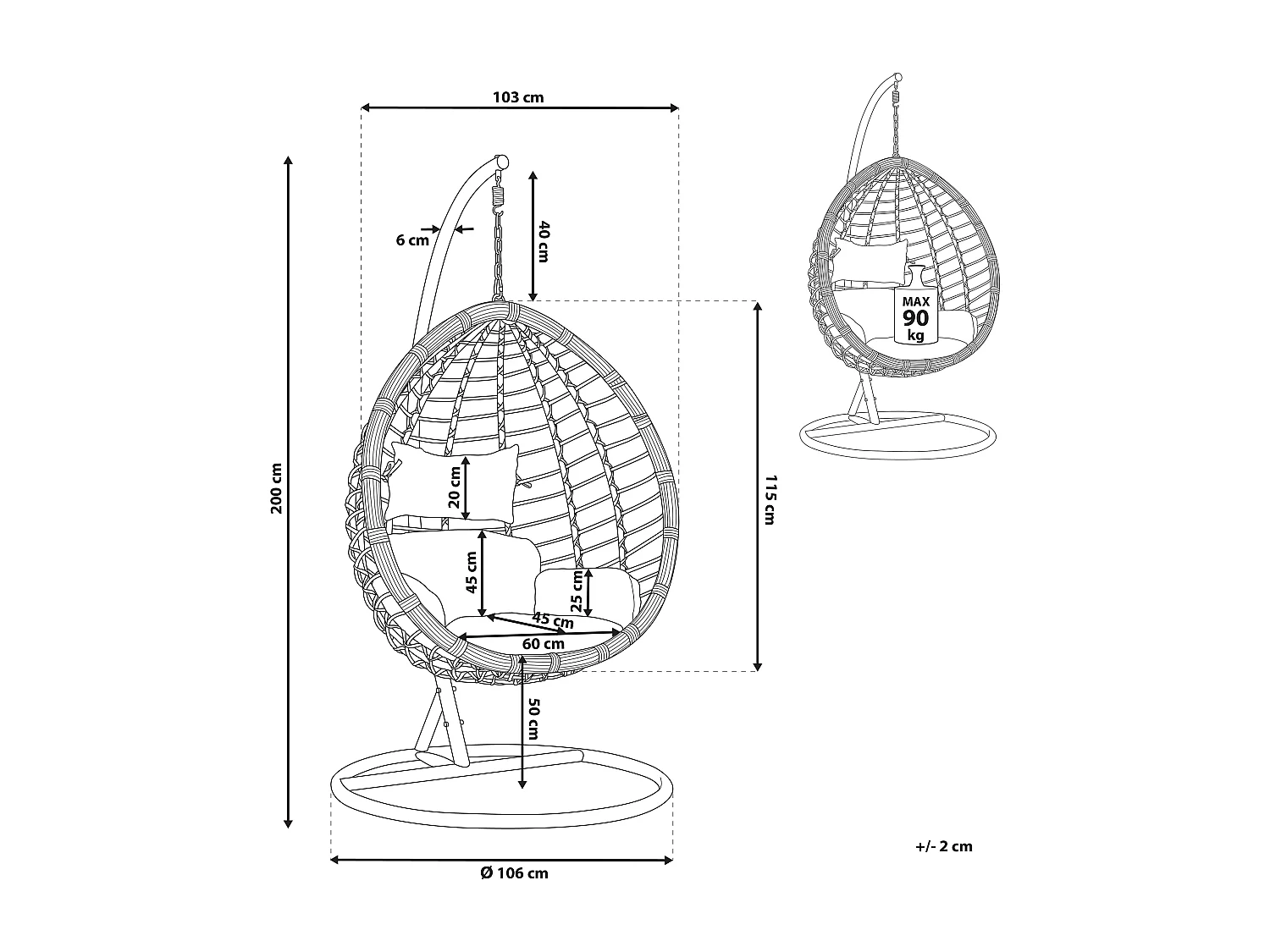 Hängesessel mit weißem Gestell inkl. Kissen Hängestuhl Korb Schwebesessel Fano