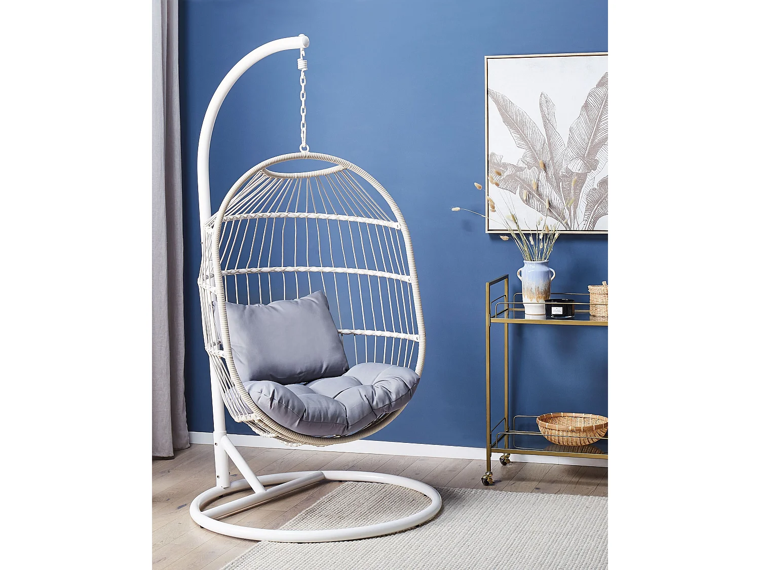 Moderner Hängesessel in Weiß aus Metall/ Rattan/ Flechtseil mit Kissen grau Alba