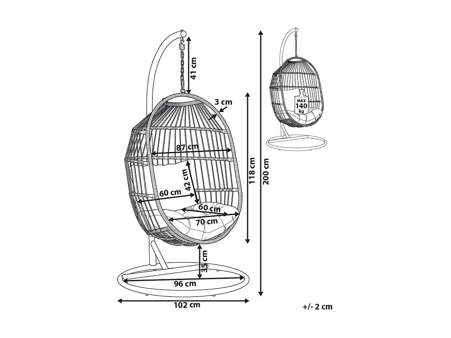 Moderner Hängesessel in Weiß aus Metall/ Rattan/ Flechtseil mit Kissen grau Alba