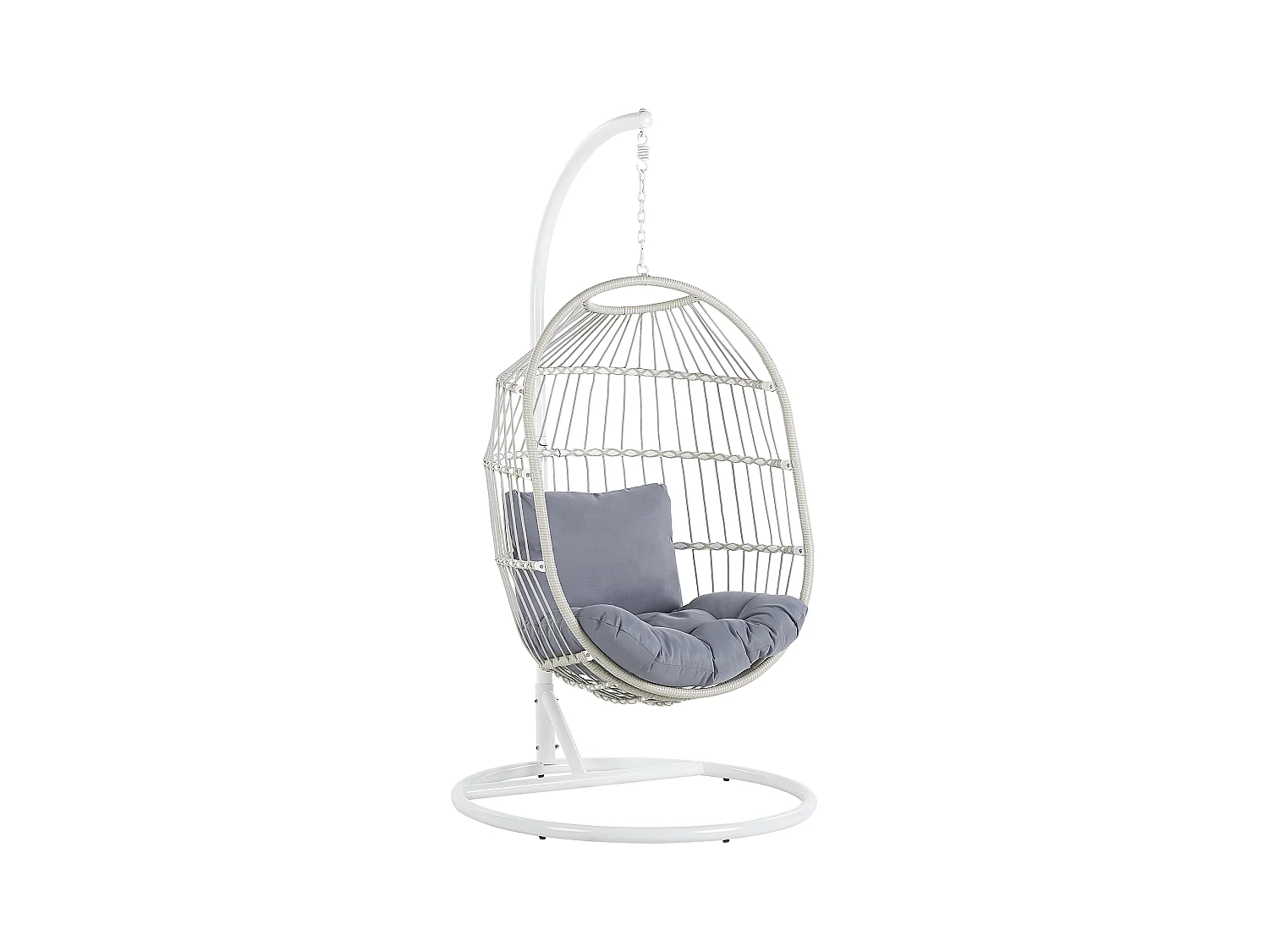 Moderner Hängesessel in Weiß aus Metall/ Rattan/ Flechtseil mit Kissen grau Alba