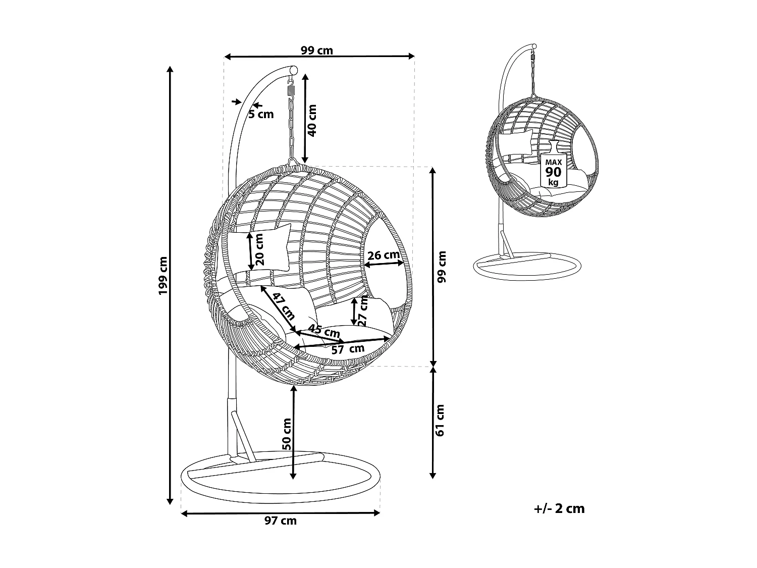 Moderner Hängekorbsessel Rattan mit schwarzem Gestell inkl. Kissen Schwarz Aspio