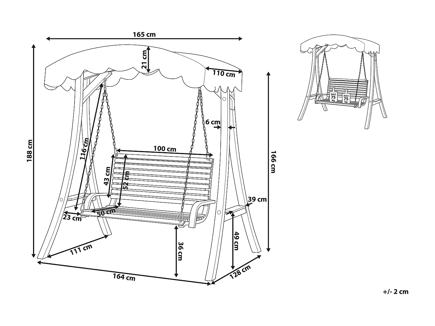 Gartenschaukel Lärchenholz dunkelbraun Sonnendach beige für 2 Personen Andria
