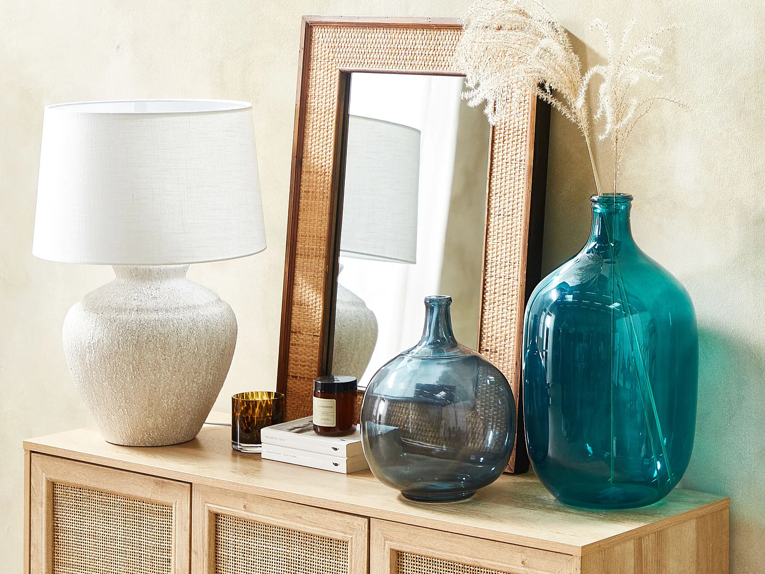 Runde Dekovase gefärbtes Glas handgefertigt blau türkis 48 cm Samosa