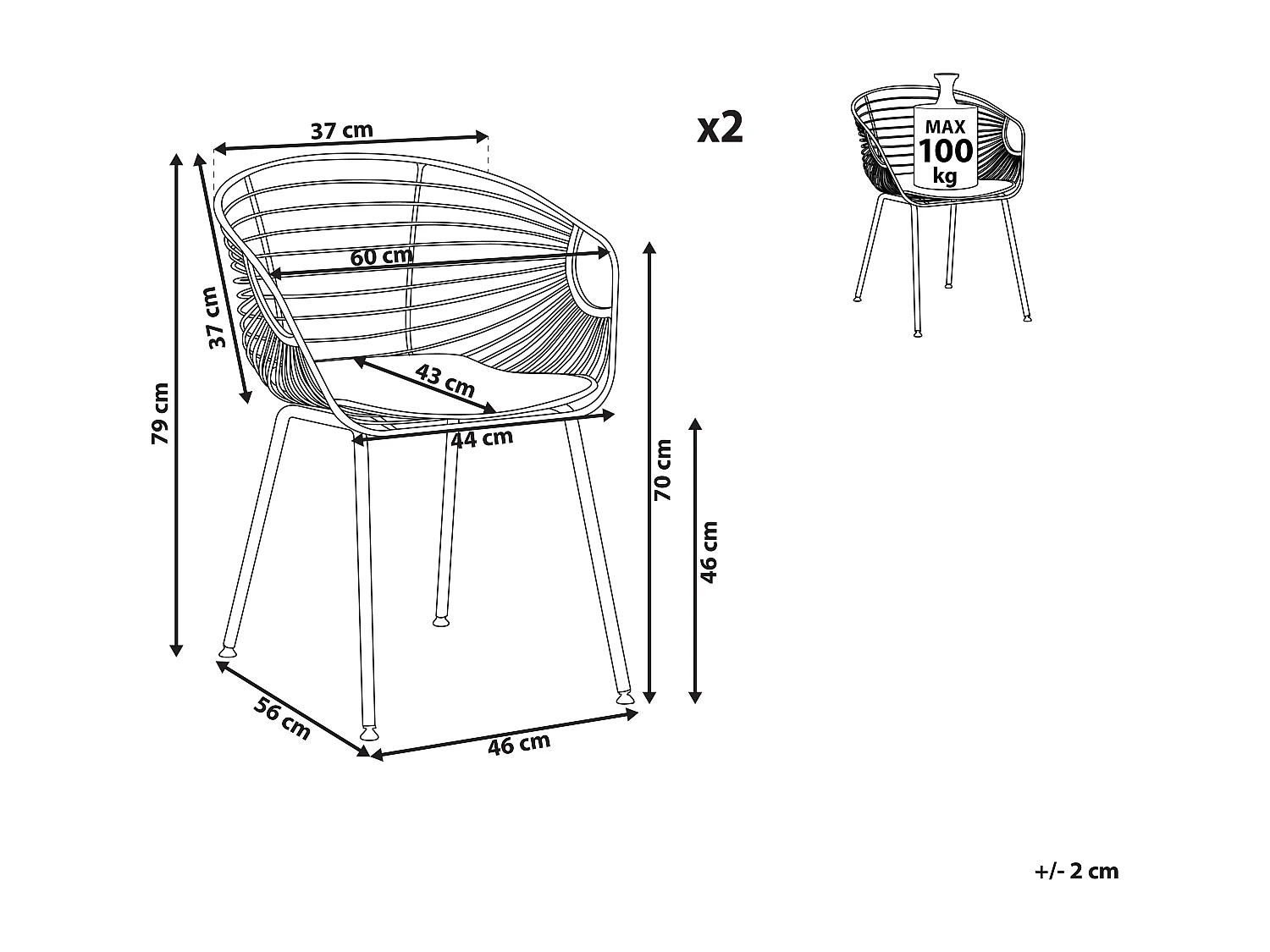 Lot de 2 chaises de salle à manger HOBACK Métal Cuivré
