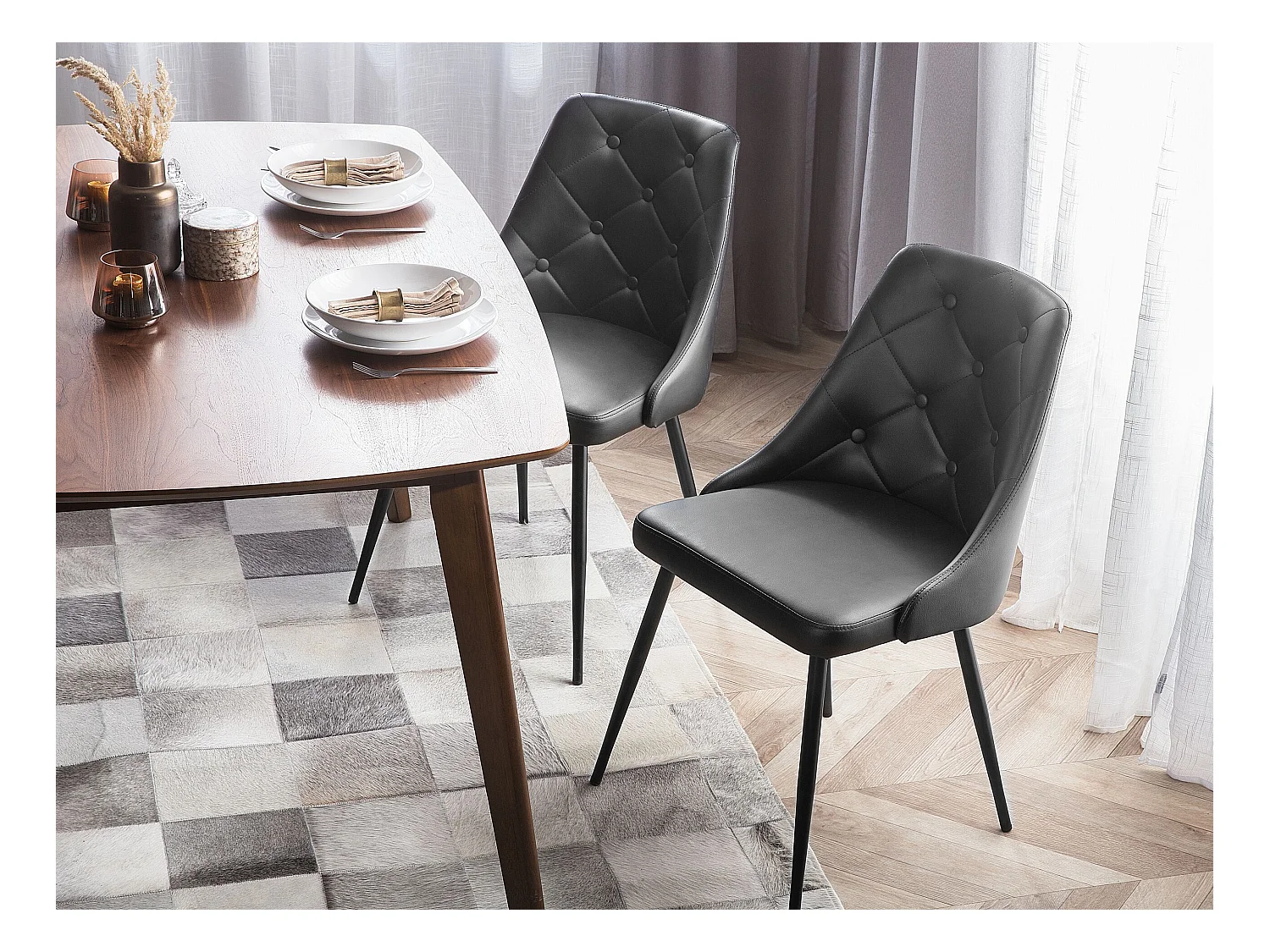 Esszimmerstuhl 2er Set Kunstleder schwarz gesteppt Chesterfield Stil Valerie