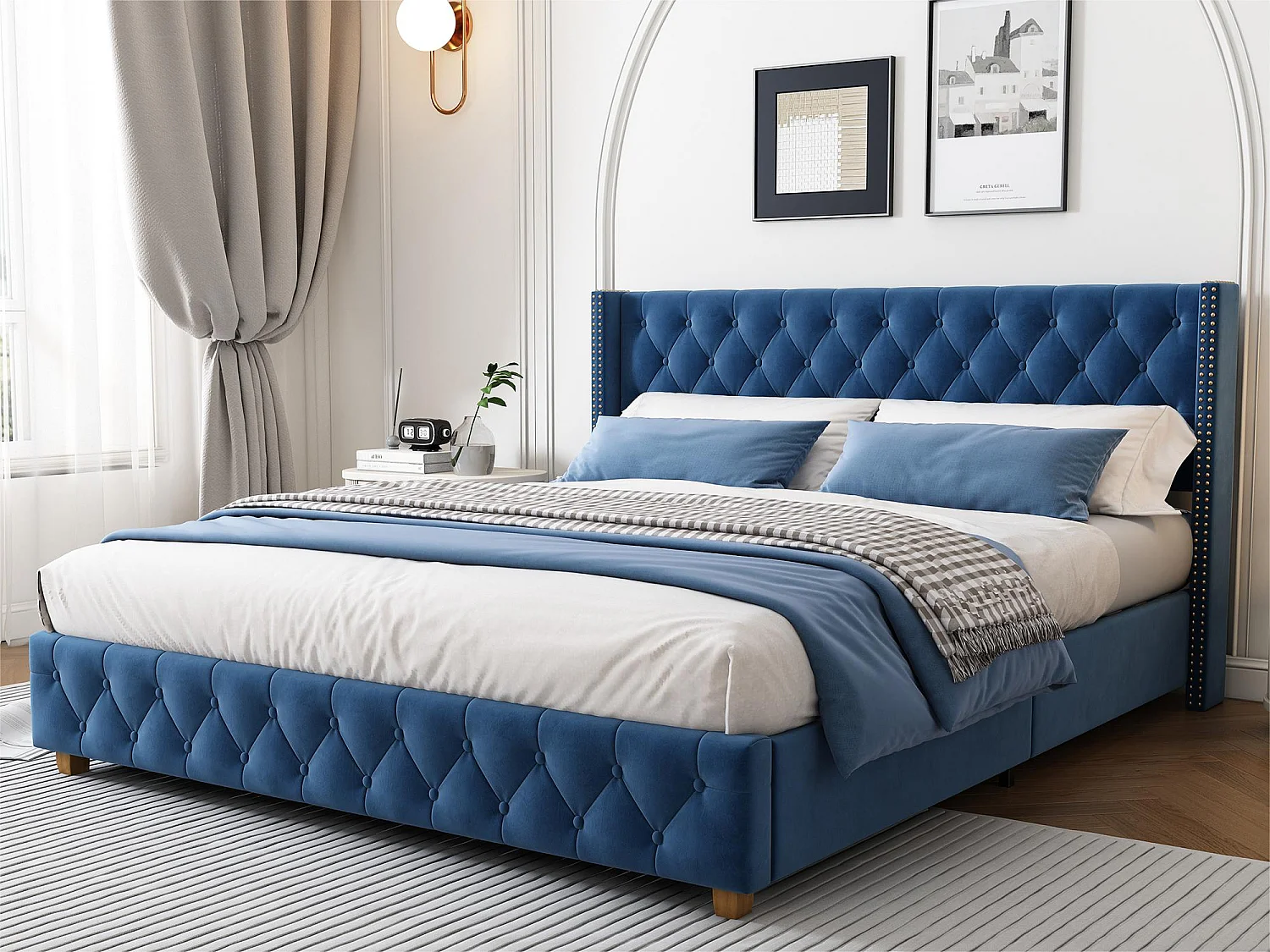 Letto adulto imbottito in velluto - 160x200 cm - con rete a doghe - Blu