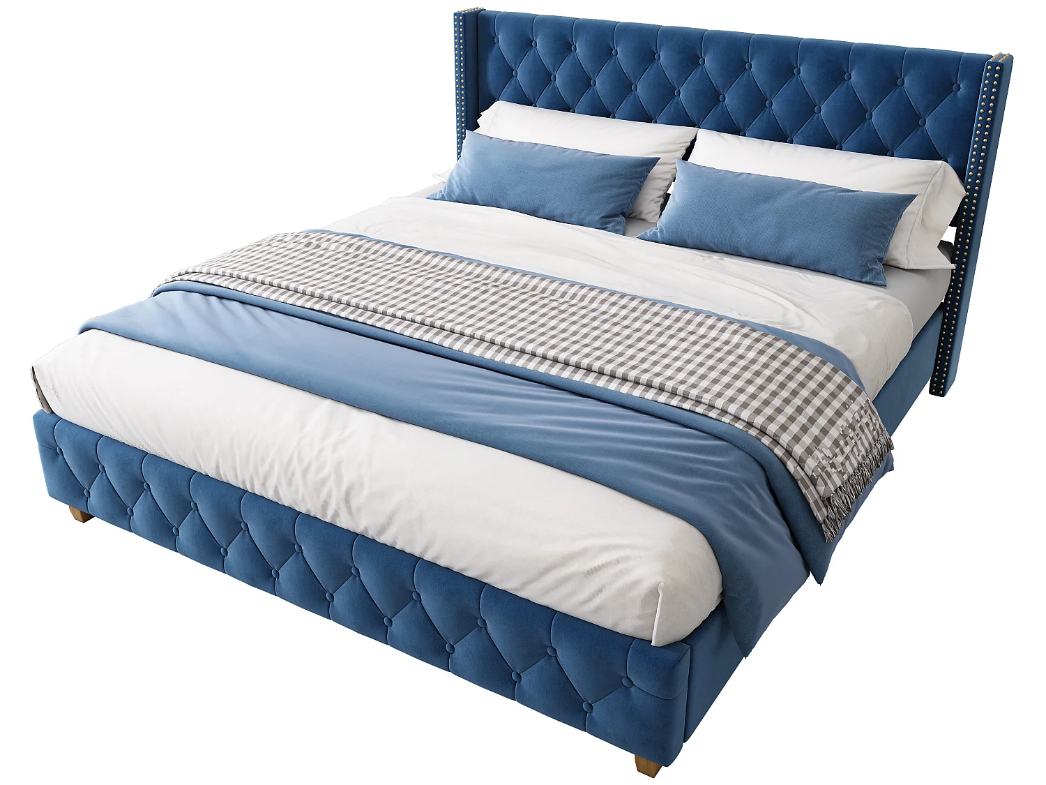 Letto adulto imbottito in velluto - 160x200 cm - con rete a doghe - Blu