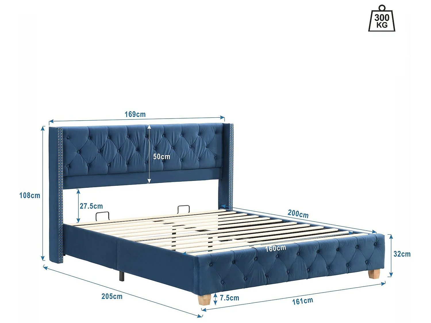 Letto adulto imbottito in velluto - 160x200 cm - con rete a doghe - Blu