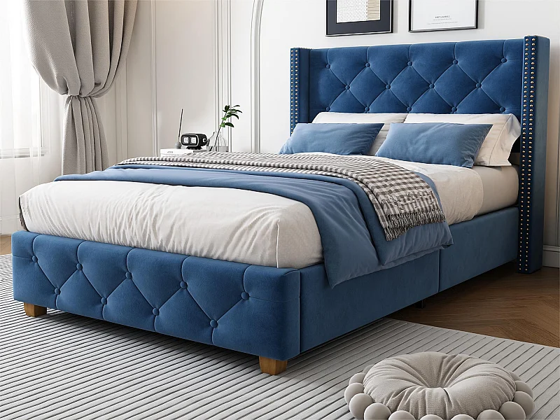 Eenpersoonsbed bekleed met fluweel - 90x200 cm - met lattenbodem - Blauw