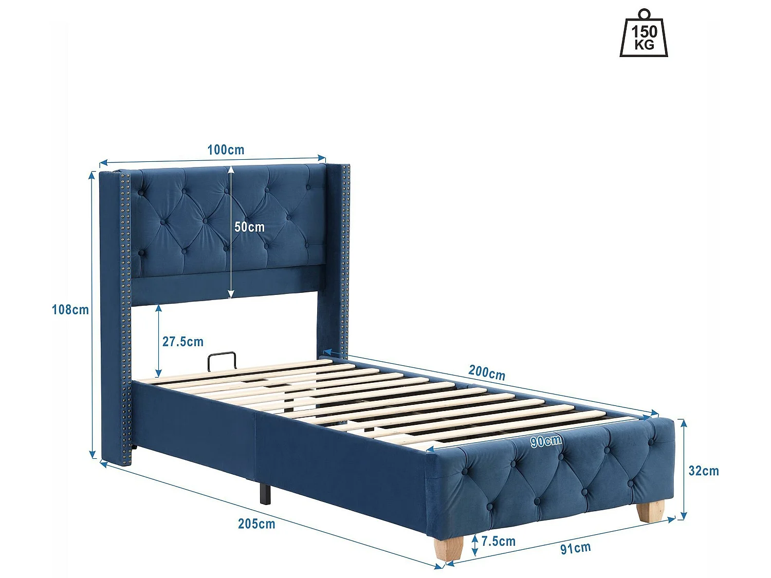 Eenpersoonsbed bekleed met fluweel - 90x200 cm - met lattenbodem - Blauw