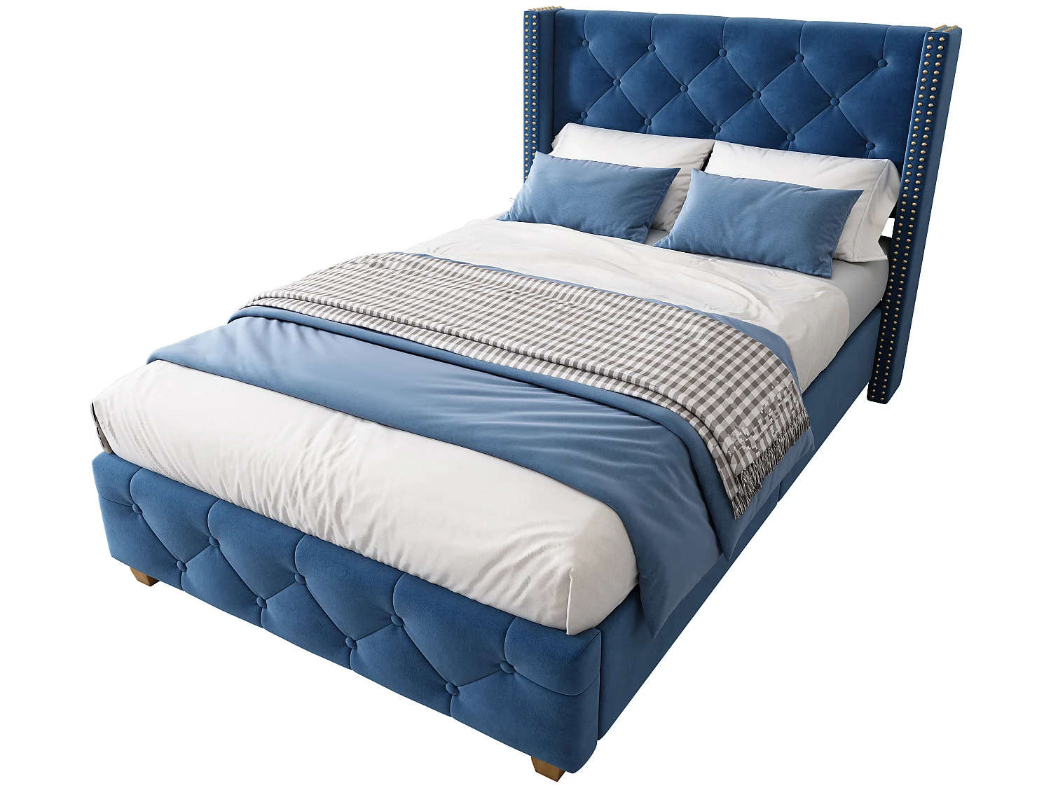 Letto singolo rivestito in velluto - 90x200 cm - con rete a doghe - Blu