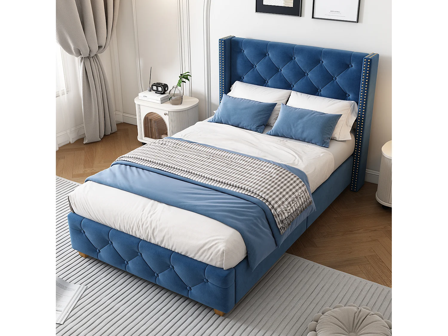 Letto singolo rivestito in velluto - 90x200 cm - con rete a doghe - Blu