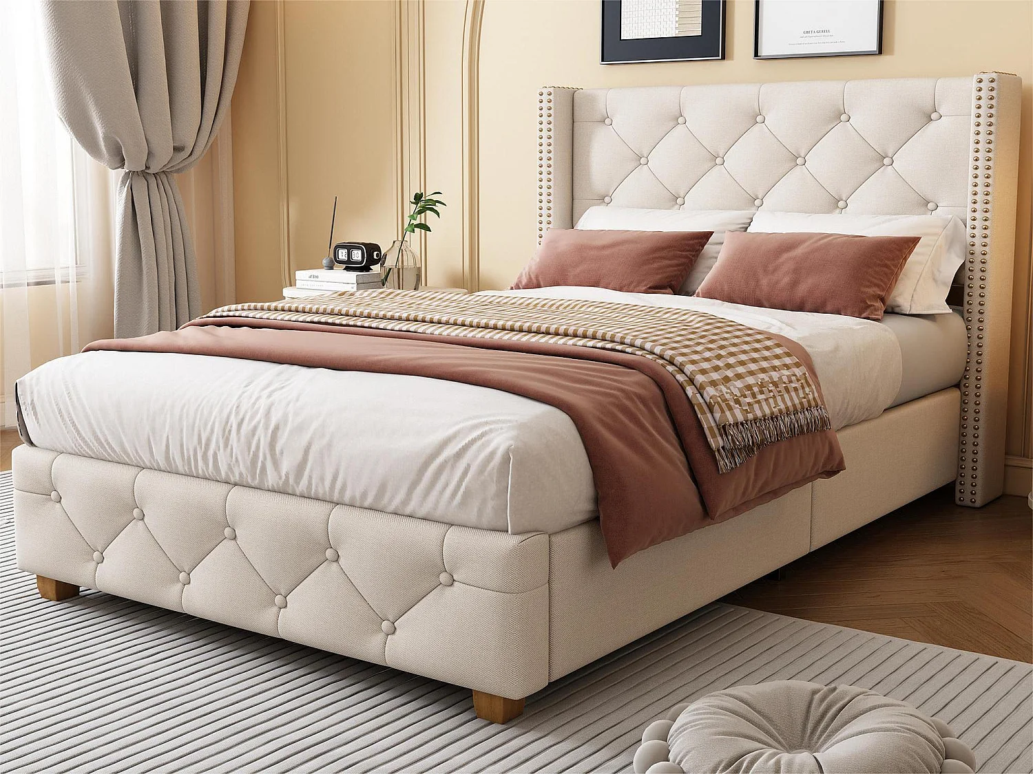 Eenpersoonsbed gestoffeerd in linnen - 90x200cm - met lattenbodem - Beige