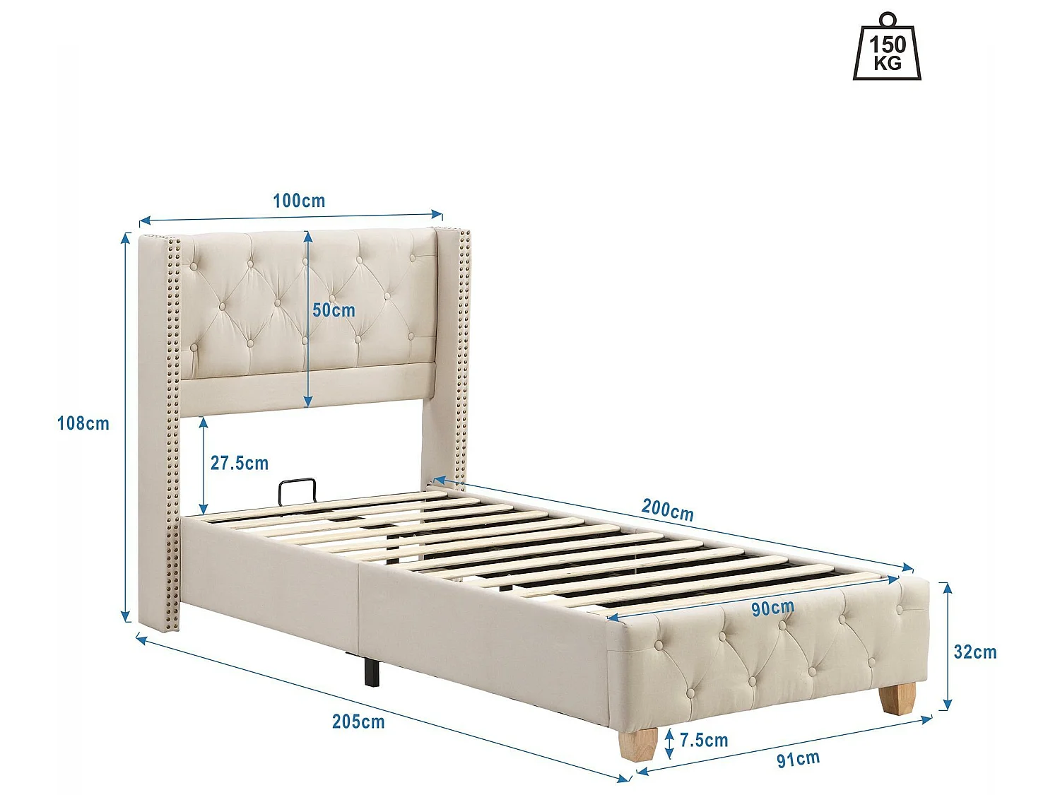 Eenpersoonsbed gestoffeerd in linnen - 90x200cm - met lattenbodem - Beige