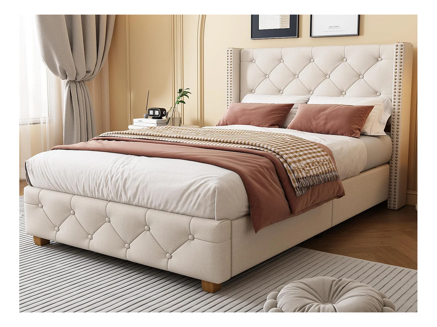 Eenpersoonsbed gestoffeerd in linnen - 90x200cm - met lattenbodem - Beige