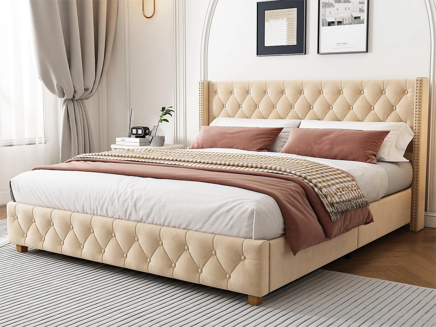 Cama para adultos acolchada de terciopelo - 180x200 cm - con somier - Beige