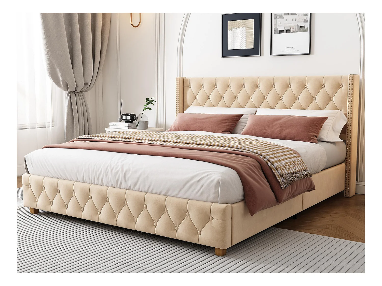 Lit double rembourré en velours 180x200cm avec sommier à lattes - Beige