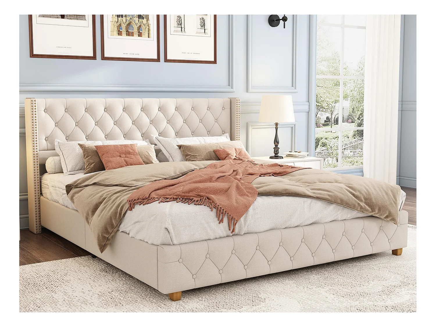 Met linnen opgevuld volwassenenbed - 140x190cm - met lattenbodem - Beige