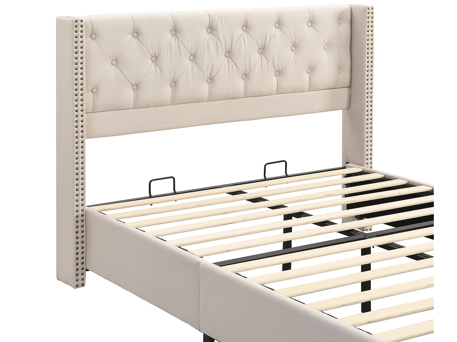 Lit double rembourré en velours 140x190cm avec sommier à lattes - Beige